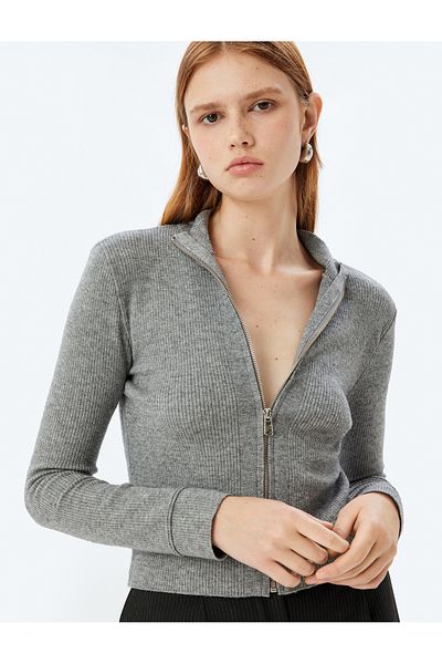 Koton Zippered Knitwear Cardigan Stand Collar Long Sleeve