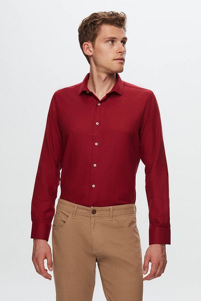 D'S Damat Claret Red Slim Fit Cotton Shirt - Dobby Half Italian Collar