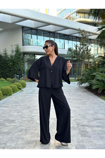 Forlady4 Linen Women's Bottom Top Set - Black Single Button Kimono and Pants