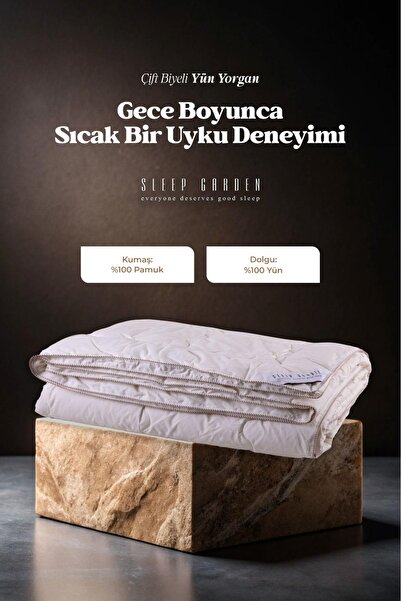 Sleep Garden %100 Yün Yorgan Biyeli Şık Premium Çift Kişilik Jüt Keten Çantalı