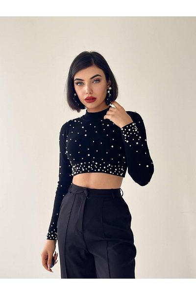 conconmoda Cloi Pearl Detail Crop - Black