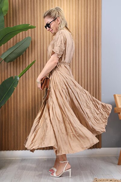 MİSLİNA BUTİK İthal İpek Saten Kırışık Model Gold Elbise