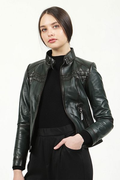 Dericlub Palton verde Siena pentru femei, slim fit, din piele naturală