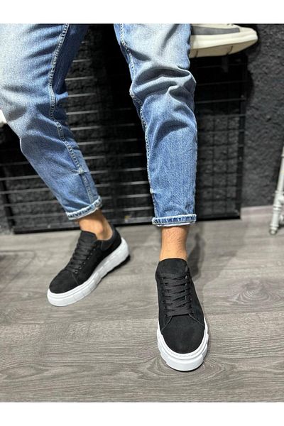 Wovna High Sole Casual Suede Shoes Black (White Sole)