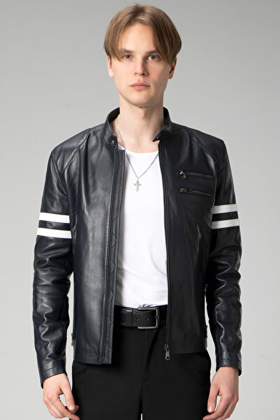 Dericlub Nantes Erkek Hakim Yaka Slim Kesim Hakiki Deri Mont Lacivert