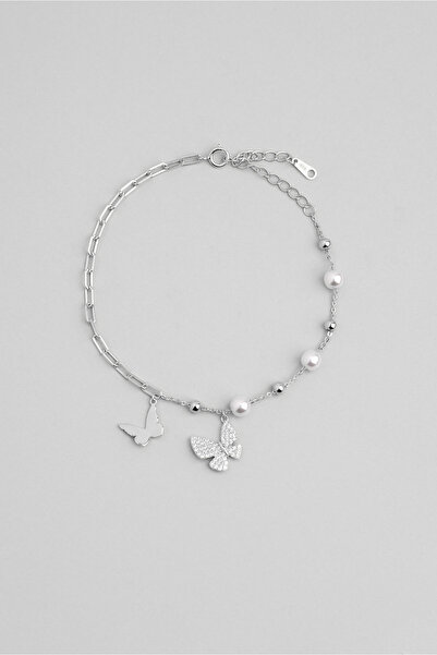 So CHIC... Kelebek Etkisi 18Ayar Beyaz Altın Kaplama 21 Cm Gümüş İnci Bileklik