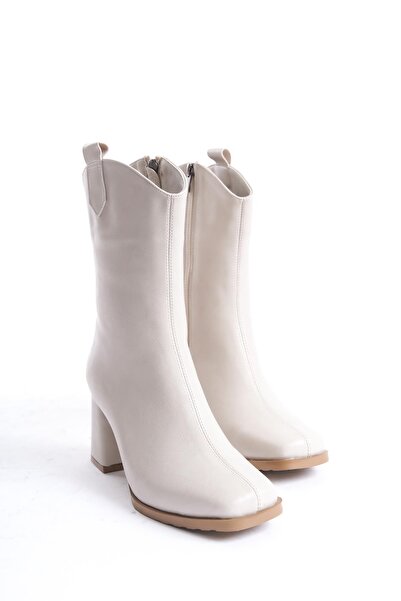 Bak Store Beige Cowboy Style - Blunt Toe Thick Heeled Women's Boots