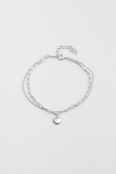 So CHIC... Saklı Kalp 18 Ayar Beyaz Altın Kaplama 20 Cm Gümüş Minimal Bileklik