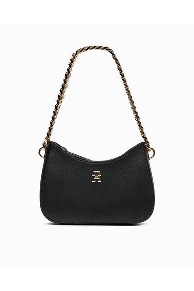 Tommy Hilfiger Women's Brand Logo Chain Detailed Shoulder Strap Stylish Designed Black Shoulder Bag Suitable for Daily Use
