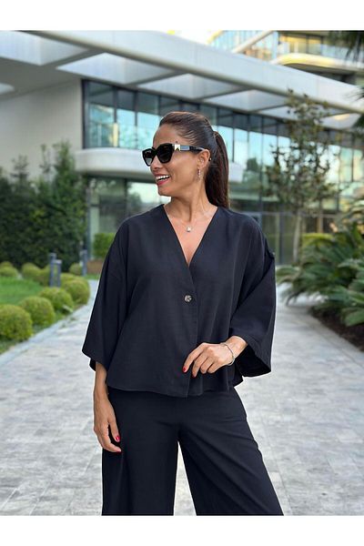 Forlady4 Linen Women's Bottom Top Set - Black Single Button Kimono and Pants