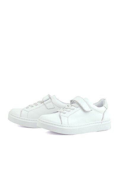 Rakerplus Genuine Leather White Velcro Laced Girls' Sneakers