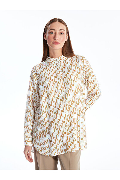 LC Waikiki Beige Judge Collar Patterned Long Sleeve Women's Tunic