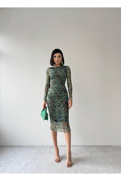 conconmoda YONCA GREEN MIDI PATTERNED STRETCH DRESS