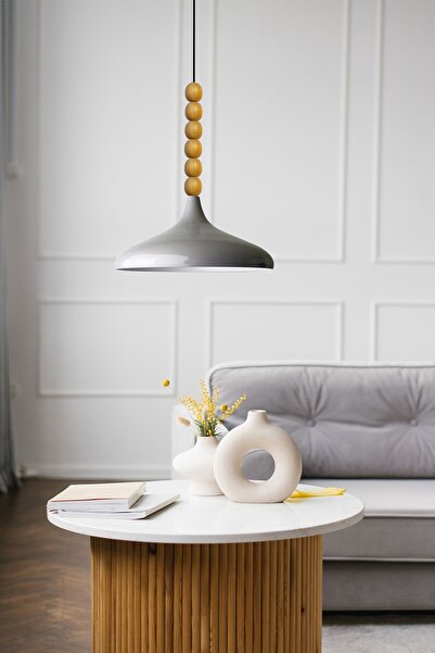 Bamyum Gri Ahşap Altı Boncuklu Tekli Avize Sarkıt Salon Mutfak Butik Lamba