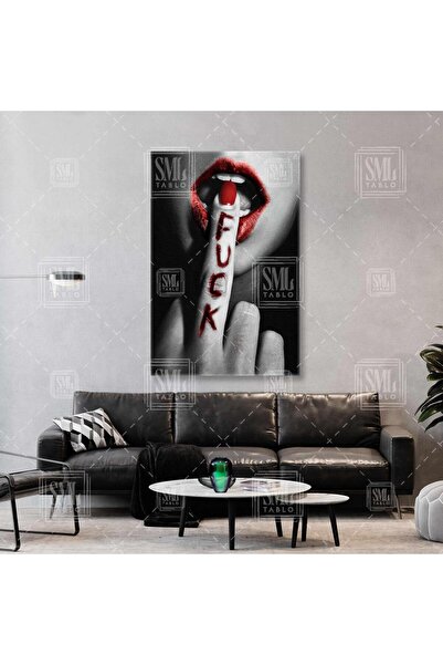 SML TABLO Orta Parmağını Isıran Kırmızı Dudaklı Sexy Kadın Kırmızı Ruj ve Oje...