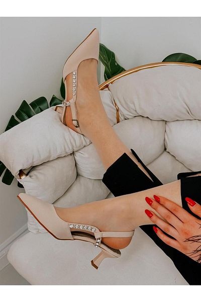 ERVANIN BUTİĞİ Beige Satin (FELIX) Stone Detail Women's Stiletto