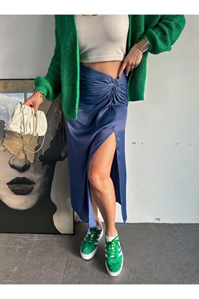 Zerrincan Giyim Mavi Düğüm Detaylı Saten Etek