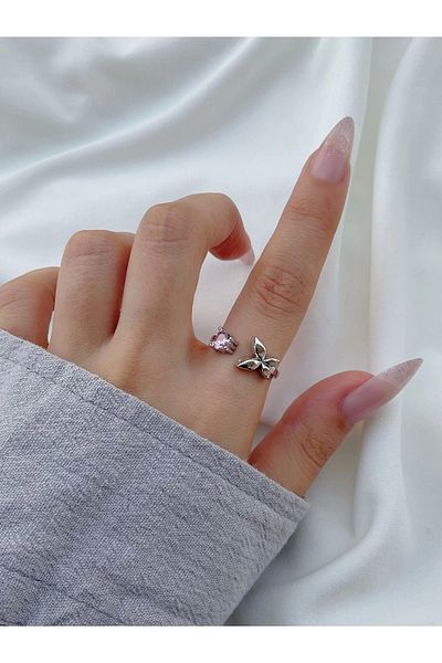Eylülün Takısı Color Adjustable Silver Women's Ring - Pink Stone and Butterfly Model