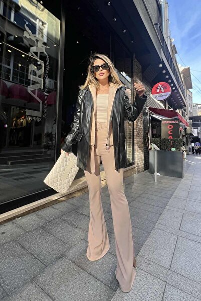 Eswomes Fitilli Yandan Yırtmaçlı İspanyol Tayt Pantolon TAŞ