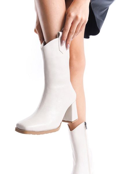 Bak Store Beige Cowboy Style - Blunt Toe Thick Heeled Women's Boots