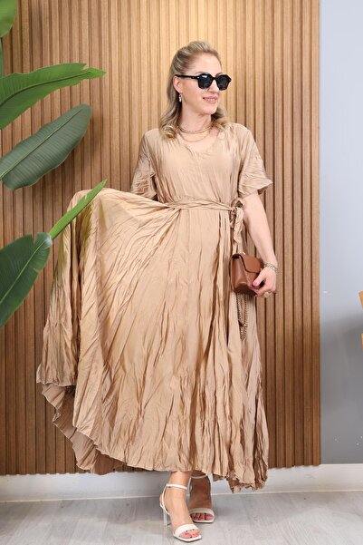 MİSLİNA BUTİK İthal İpek Saten Kırışık Model Gold Elbise