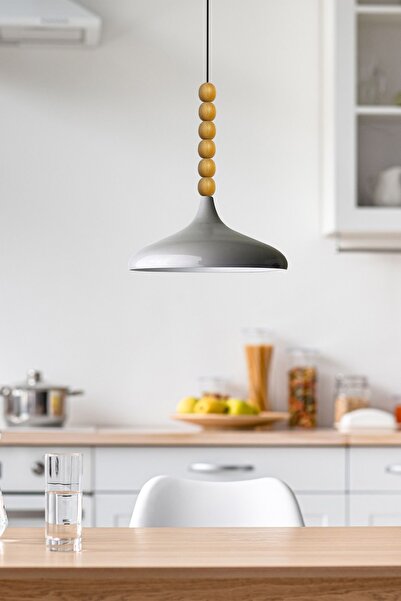 Bamyum Gri Ahşap Altı Boncuklu Tekli Avize Sarkıt Salon Mutfak Butik Lamba