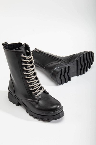 Ccway Αντιολισθητική σόλα Lace Up Stone Γυναικείες Μπότες Μαύρο δέρμα