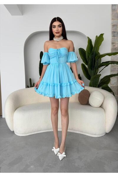 conconmoda Leydi Düşük Kol Şifon Mini Gloplu Elbise
