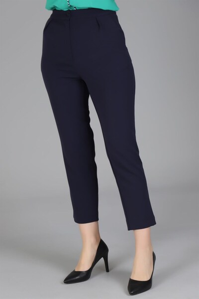 SWEETNESS Women's Navy Blue Carrot Cut Fabric Trousers