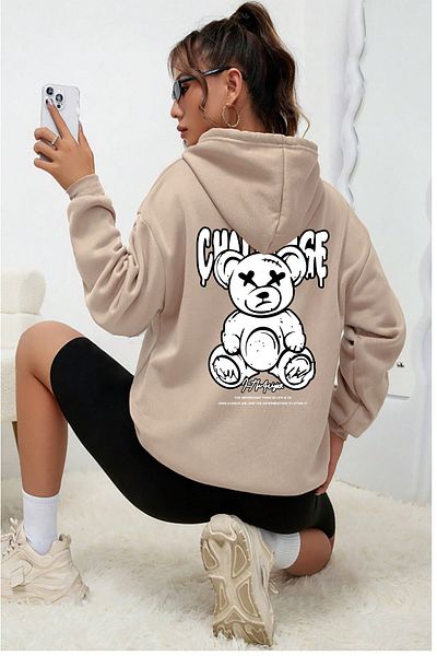 halowear Μπεζ πλεκτό φούτερ Unisex - Σχέδιο Challenge Bear