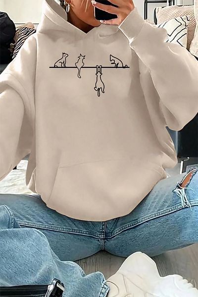 halowear Unisex 2ip Raster Beige Cats on String Πλεκτό φούτερ από ύφασμα