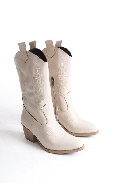 Bak Store Beige Skin Embroidered Zipper Western Cowboy Women's Boots