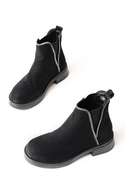 Aymood 02-02 Siyah Süet Taş Aksesuarlı Lastikli Günlük Kadın Bot