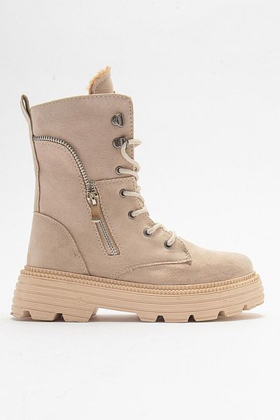 Ccway Cizme cu cârlig cu fermoar ornamental CREAM SUEDE