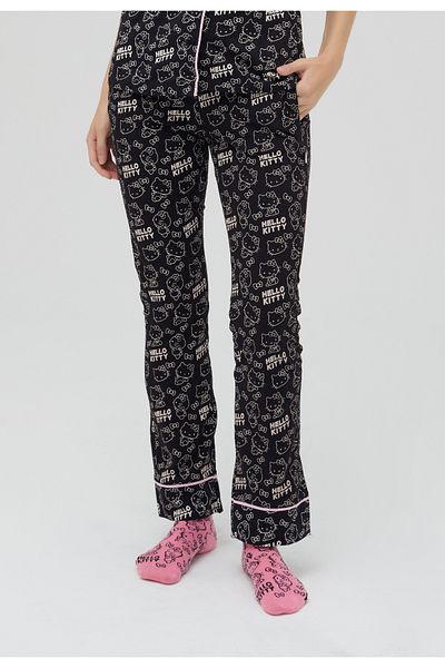 Hello Kitty Αδειοδοτημένο εμπριμέ μαύρο γυναικείο 100% βαμβακερό φαρδύ παντελόνι πιτζάμα-παντελόνι Roz-250/A