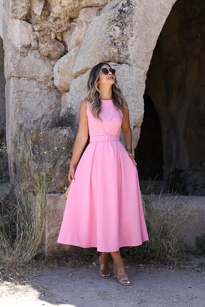 bytugcekaya Ροζ Φόρεμα με Φλόγα - Λαιμόκοψη και Ζώνη