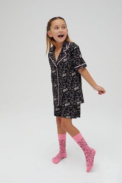 Hello Kitty Licensed Button-Down Black Girls' Short-Sleeved Shorts 100% Cotton Pajamas Suit Roz-250C