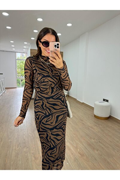 2she Göğüsü Katlı Zebra Desen Tül Elbise
