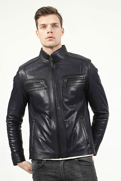 Dericlub Orlando Erkek Jumbo Slimfit Gerçek Deri Mont Lacivert