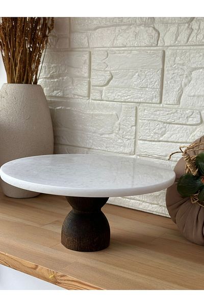 ANJEAHOME 25 cm Pobe Natural Marble Pastry Cake Stand - Wooden Legs and Cheese Plate