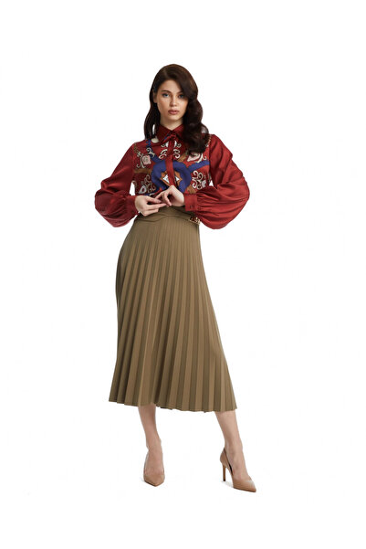 SERPİL Gold Aksesuar Detaylı Piliseli Midi Boy Bej Etek 37360