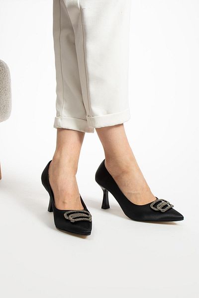 PARİS Women's Black Satin Heeled Shoes