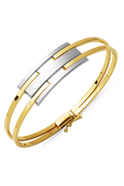 Bilezikci Sarı Beyaz 3 Sıra Kaburga Altın Kelepçe Bilezik