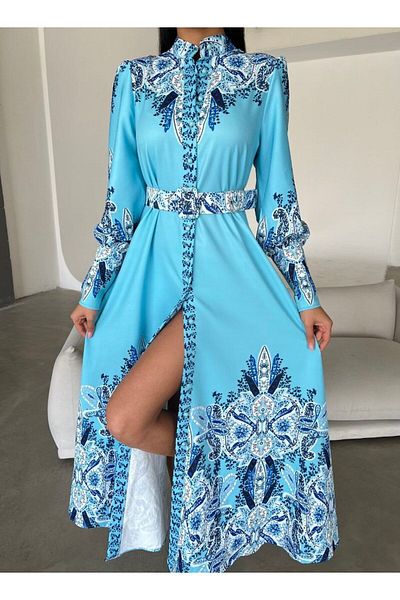WellWay Rochie din țesătură Atlas (CUREA INCLUSĂ)-ALBASTRU NHN37