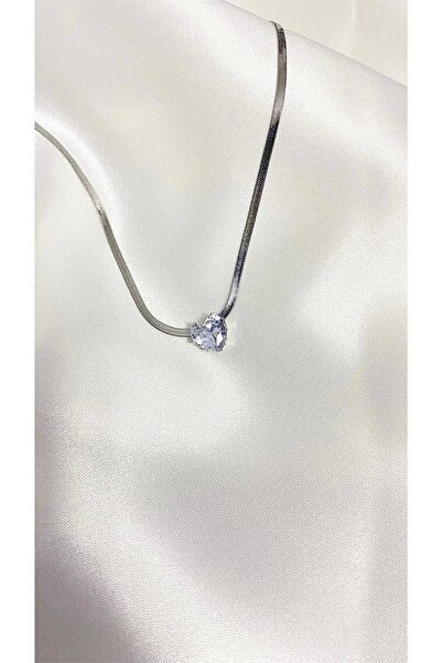 Eylülün Takısı White Stone Heart Necklace - Steel Silver, Italian Chain