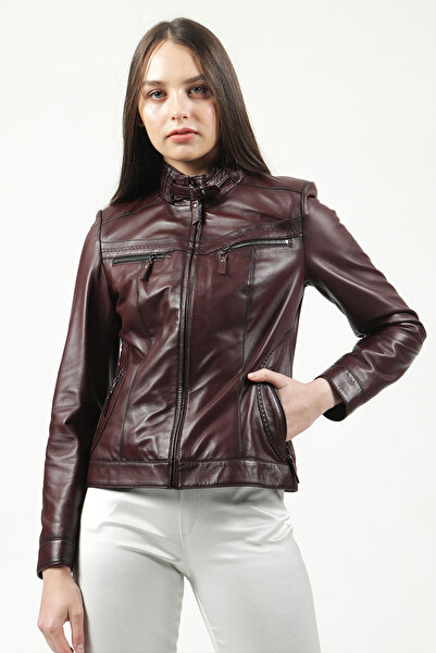 Dericlub Yb2107 Gerçek Deri Kadın Mont Bordo