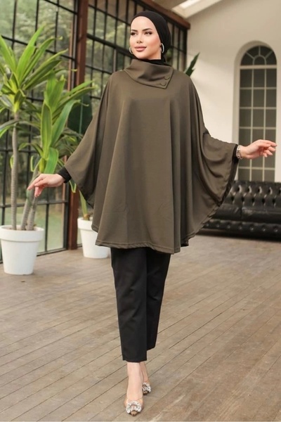 Lisinya Stylish Designed Khaki Shawl Collar Poncho with Button Detail