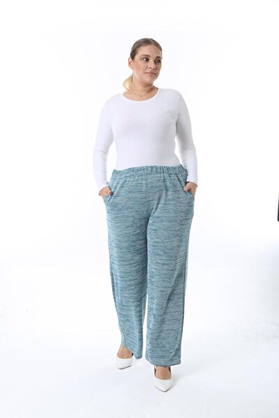 Şans Green Steel Knitted - Large Size Women's Trousers with Elastic Waist Pockets 65N38330