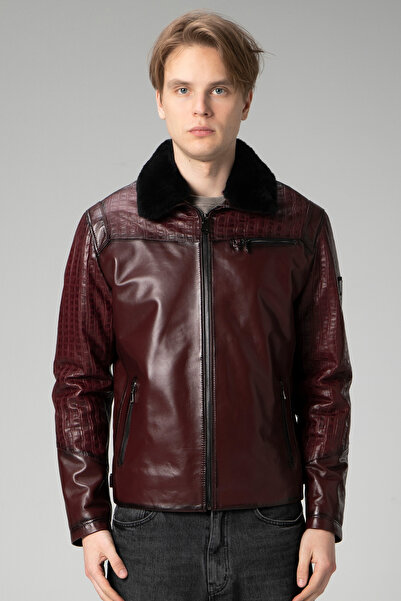 Dericlub Zaragoza Erkek Jumbo Yaka Kürklü Hakiki Deri Mont Bordo