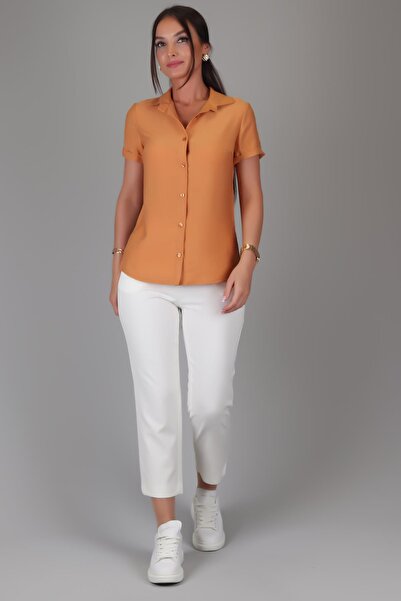 SWEETNESS Γυναικείο κλασικό πουκάμισο Tan κοντομάνικο Crinkle